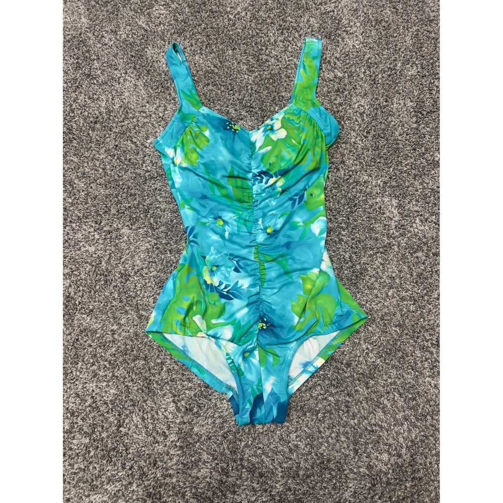 Le Cove Womens Floral Tropical One Piece Swimsuit Turquoise Green Ruched Size 14